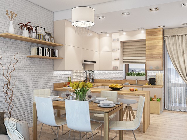 Mẫu thiết kế sử dụng bàn ăn ngăn cách không gian bếp và phòng khách